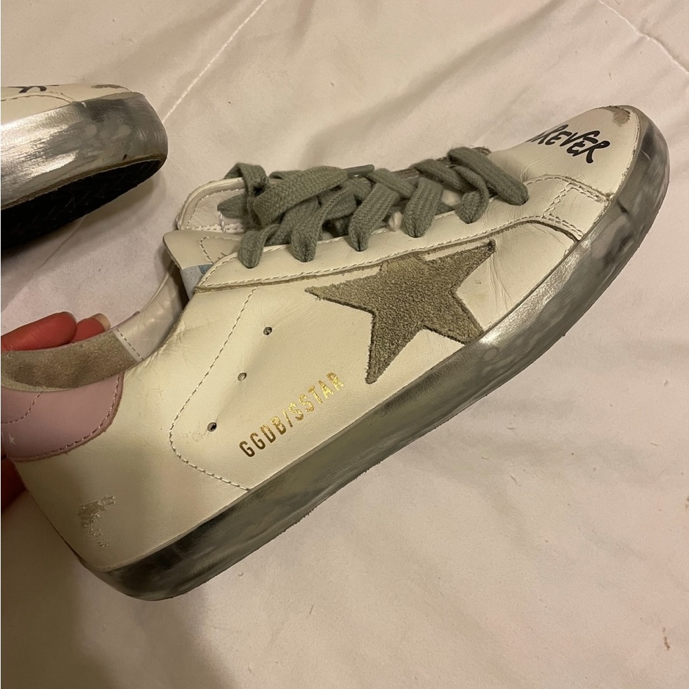 Golden Goose White Leather Sneakers with Gray Star and Pink Heel Tab